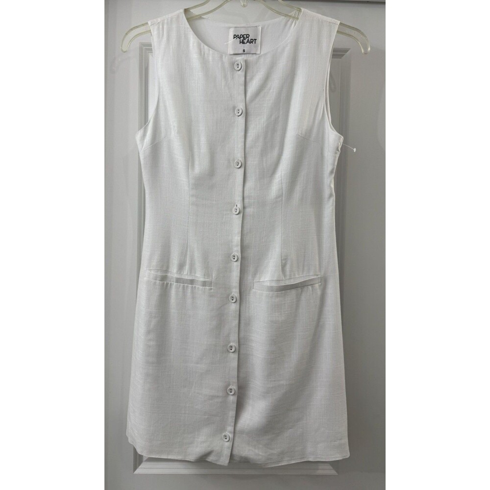 NEW PAPER HEARTS White Linen/Rayon Shift Mini Dress with Front Pockets Button Up